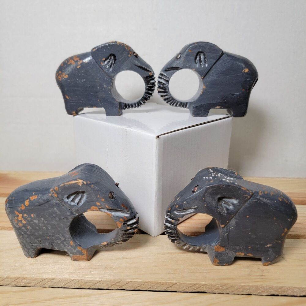 Set of 4 Dark Grey Wooden Elephant Napkin Rings